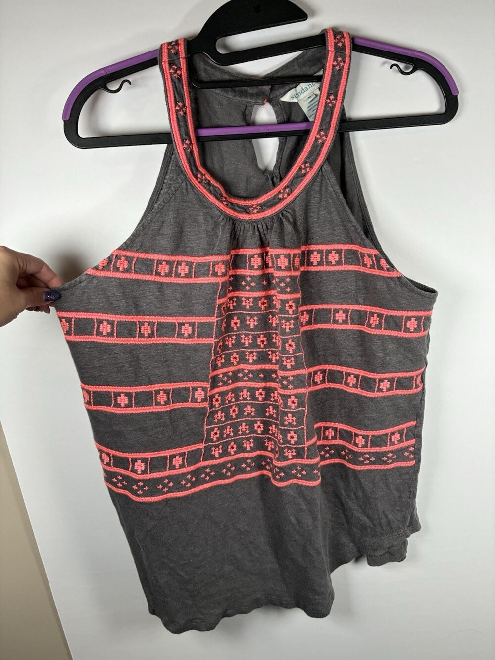 Sundance Womens M 100% Linen Embroidered Tank Top Gray Coral Boho Beaded